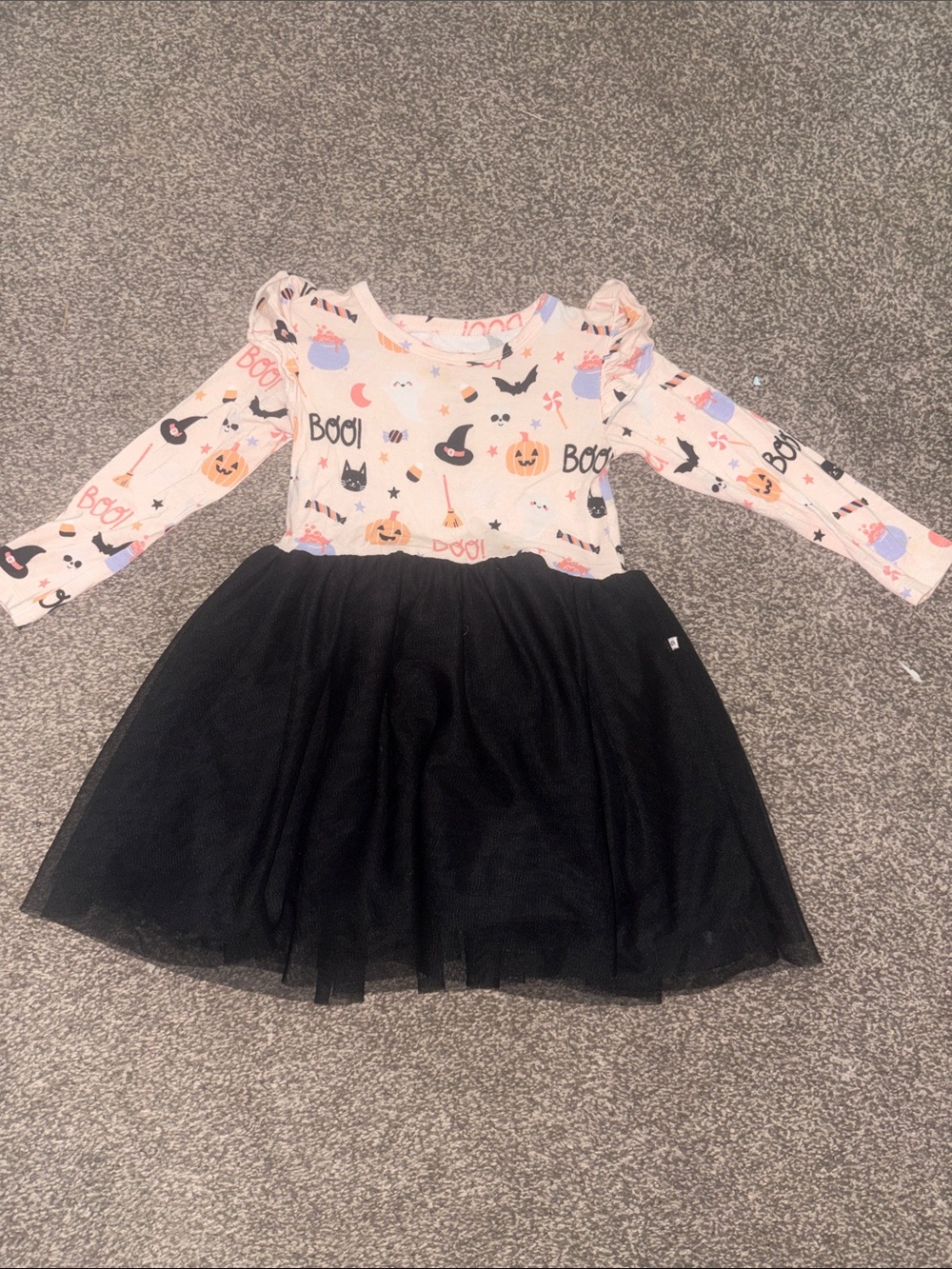 Girls' Halloween Print Long-Sleeve Dress with Black Tulle Skirt